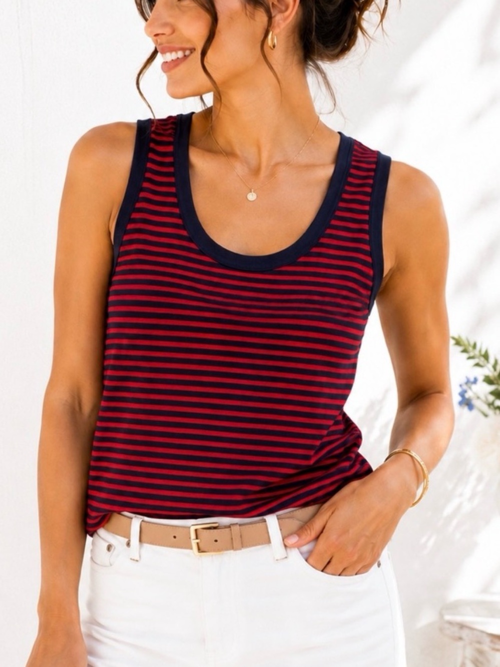 Misook Striped Red & Navy Small Knit Nautical Sleeveless Preppy Tank Top